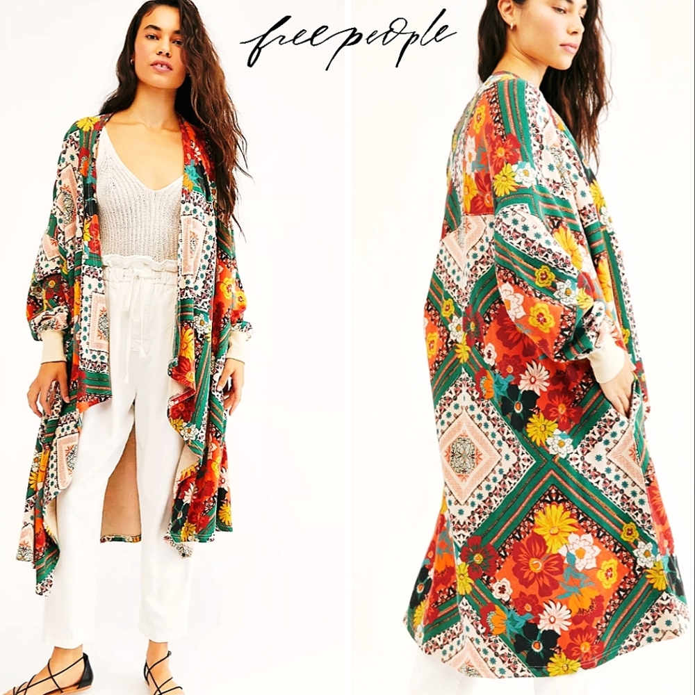 RARE*FREE PEOPLE Red Eye Vibrant Printed Sweatshirt Cardigan FLAWLESS/FP 2019'
